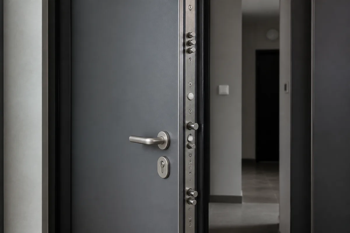 Porte d&rsquo;entrée blindée vue de trois quarts avec serrure multipoint apparente dans un hall d&rsquo;immeuble