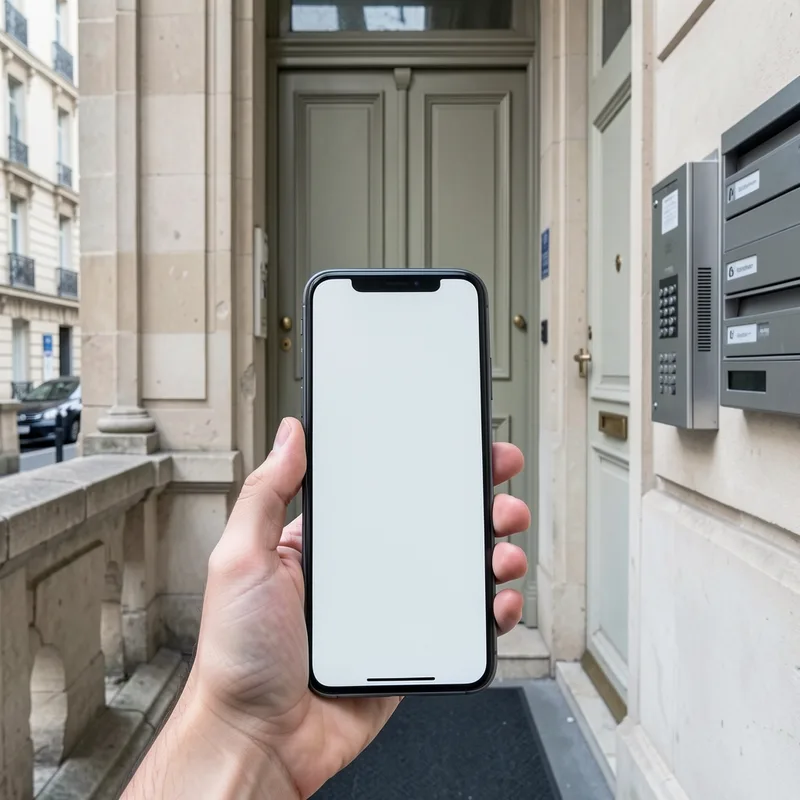 Palier d&rsquo;immeuble avec une porte d&rsquo;entrée fermée et un téléphone tenu devant, recherche du gardien
