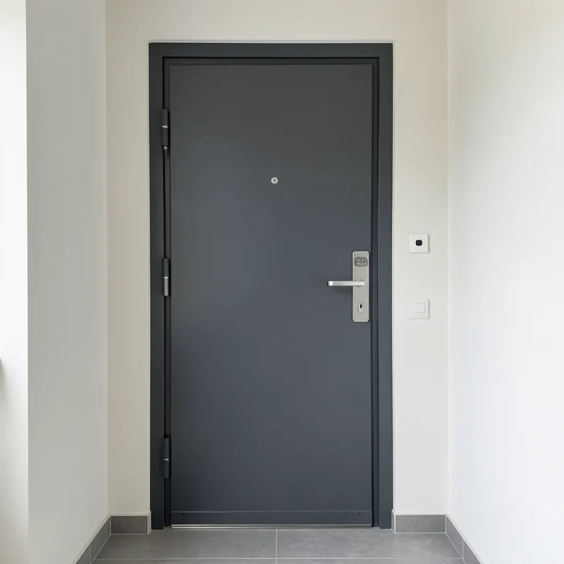 Bloc-porte blindé fermé vu de face sur un palier, cornière anti-pince et serrure multipoint visibles