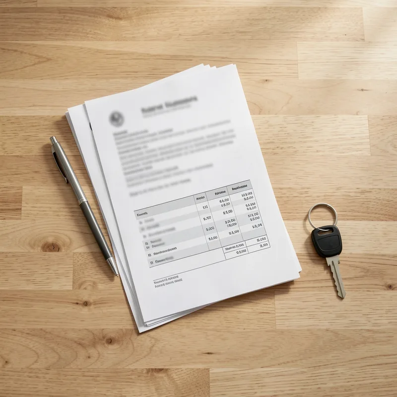 Table de cuisine avec attestation d&rsquo;assurance habitation, facture de dépannage et double de clés posés côte à côte