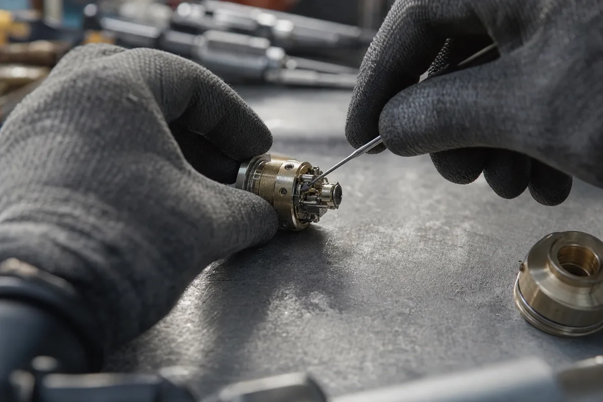 Mains gantées manipulant un cylindre de serrure sur un établi, éclairage d’atelier contrasté