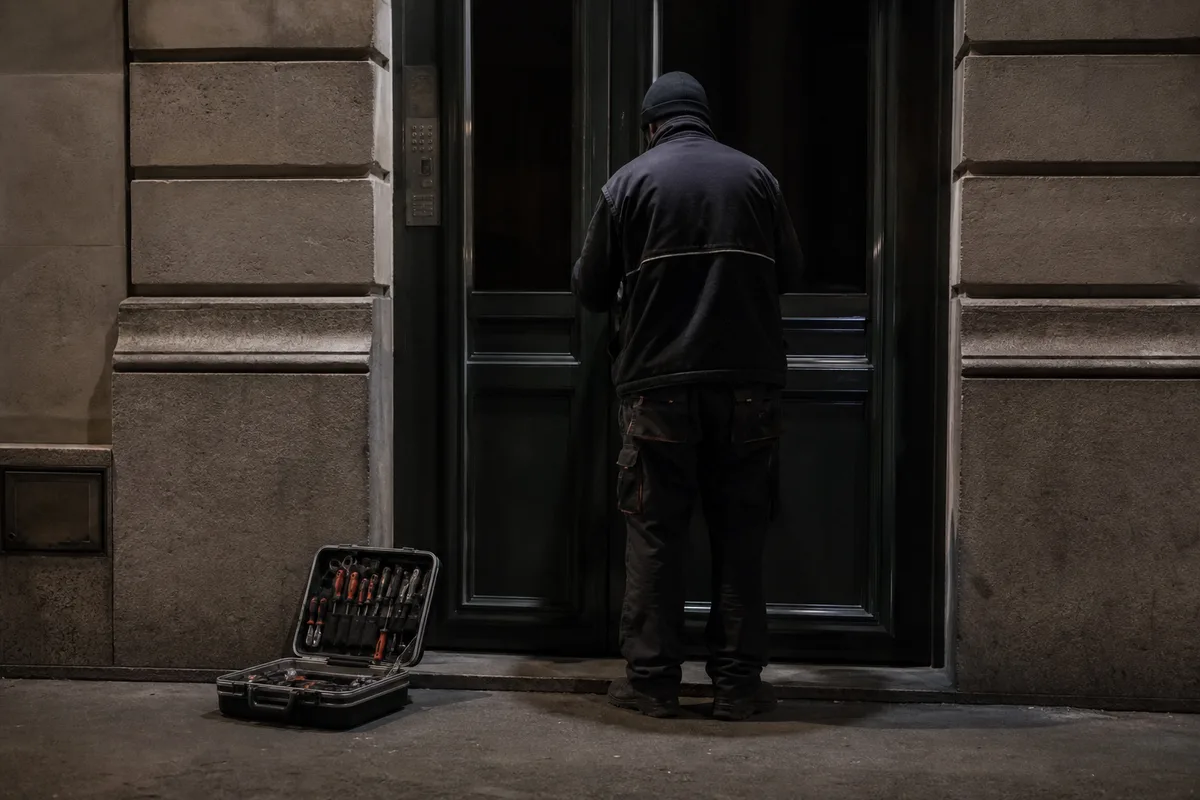 Silhouette de dos d’un serrurier examinant une porte d’immeuble la nuit, éclairage urbain froid et contrasté