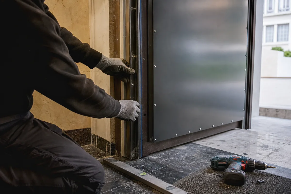 Cornières de blindage fixées autour d’un dormant de porte, mains gantées ajustant une plaque d’acier, lumière contrastée d’entrée d’immeuble