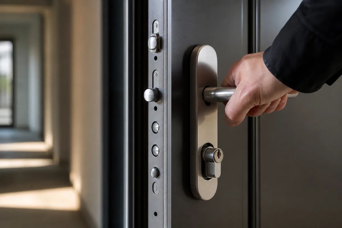 Serrure multipoint et cylindre d’un bloc-porte blindé neuf, main testant la poignée dans un couloir d’immeuble, lumière naturelle rasante