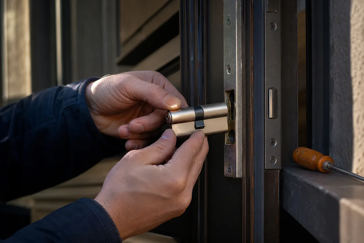 Gros plan de mains posant un cylindre de serrure européen sur une porte d&rsquo;entrée, lumière naturelle