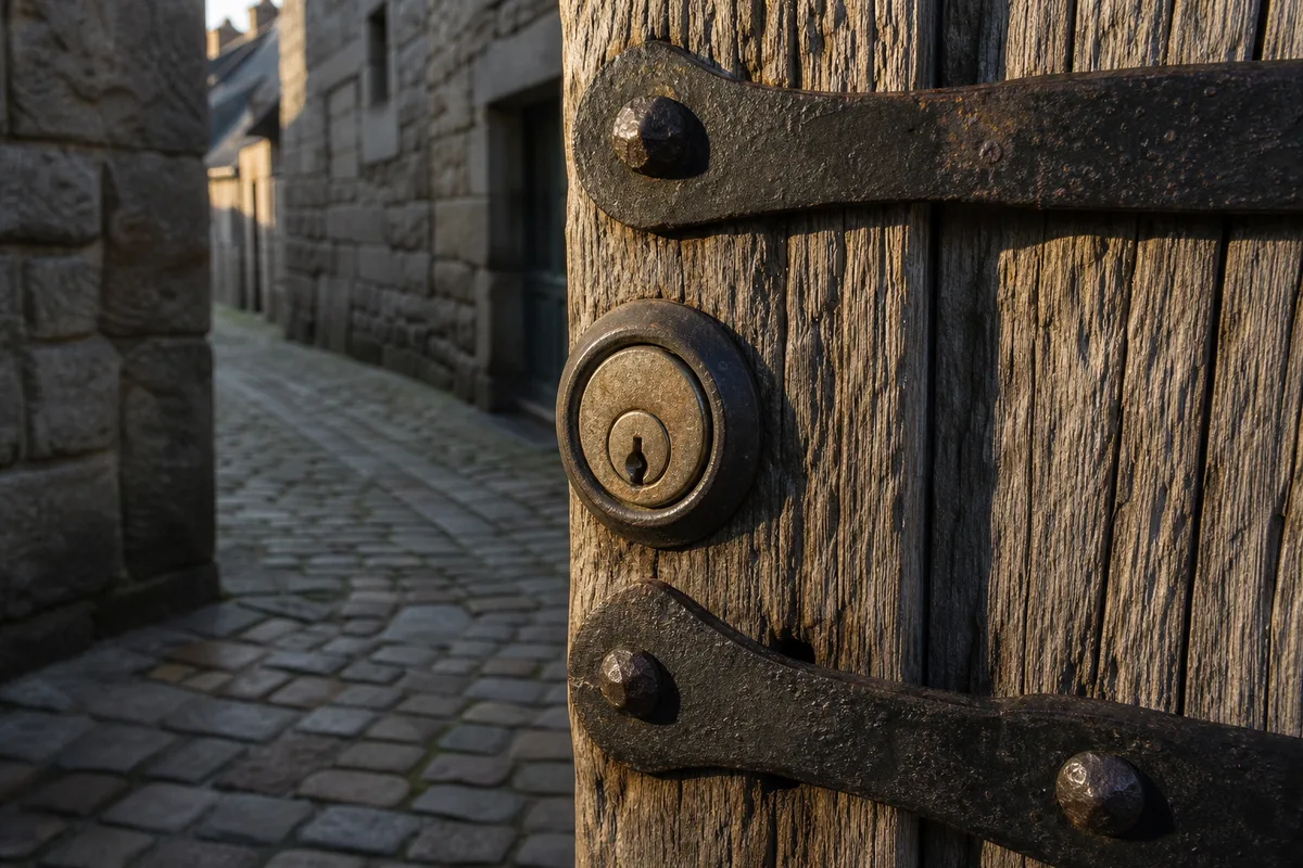 Porte en bois ancienne avec cylindre métallique en gros plan, ruelle pavée le soir