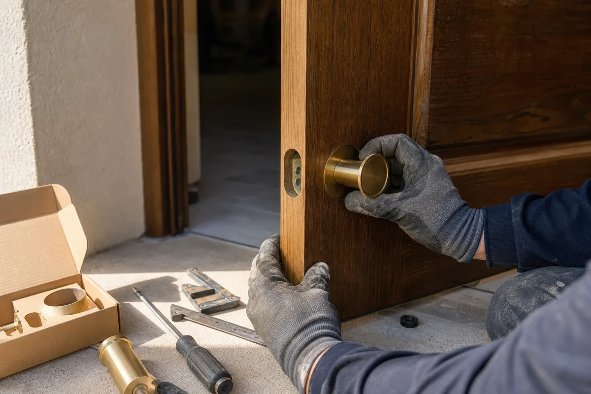 Mains gantées ajustant un cylindre de serrure neuf sur une porte d&rsquo;entrée