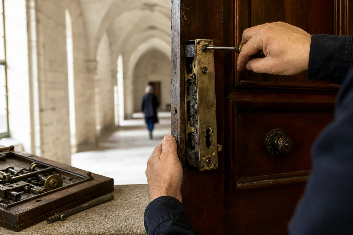 Porte ancienne en bois dans une ruelle pavée du centre historique d&rsquo;Avignon
