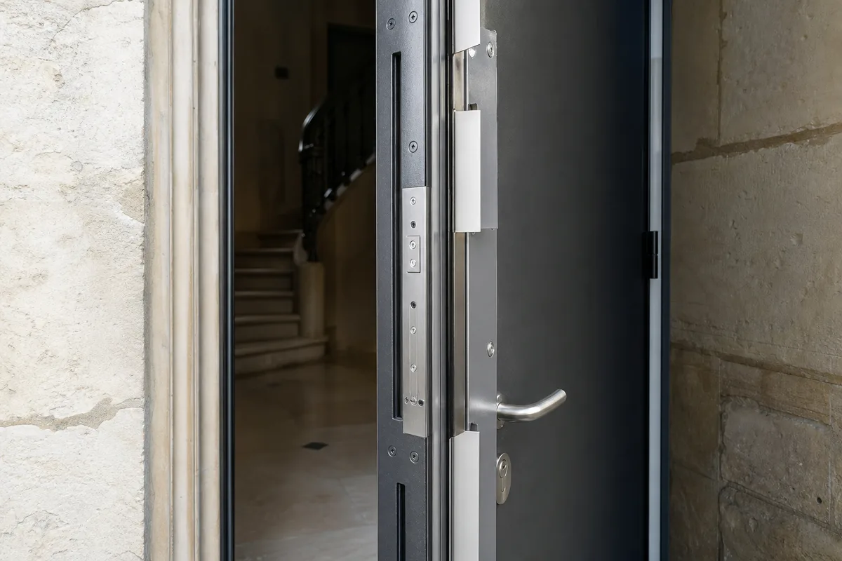 Porte blindée avec cornières de renfort et serrure de sécurité