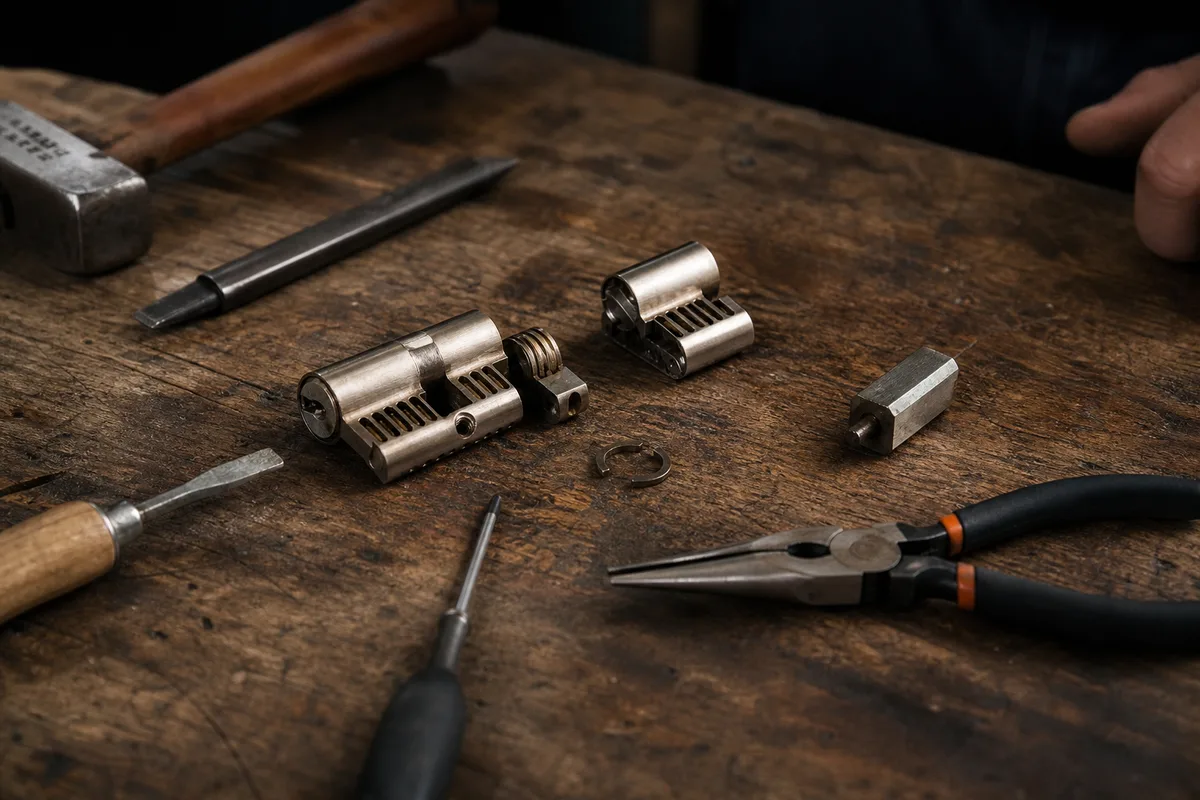 Cylindre de serrure européen et outils de serrurier posés sur une table en bois