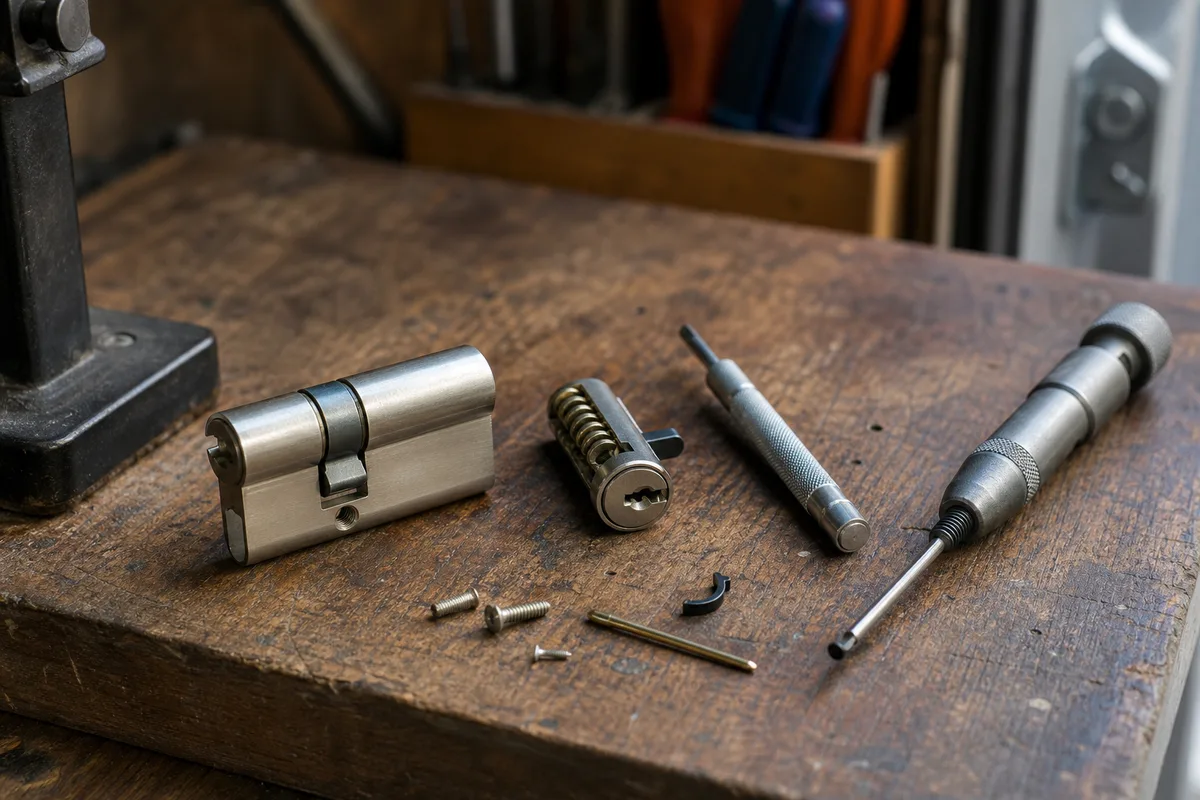 Outils de serrurier et cylindre européen posés sur un établi, gros plan technique