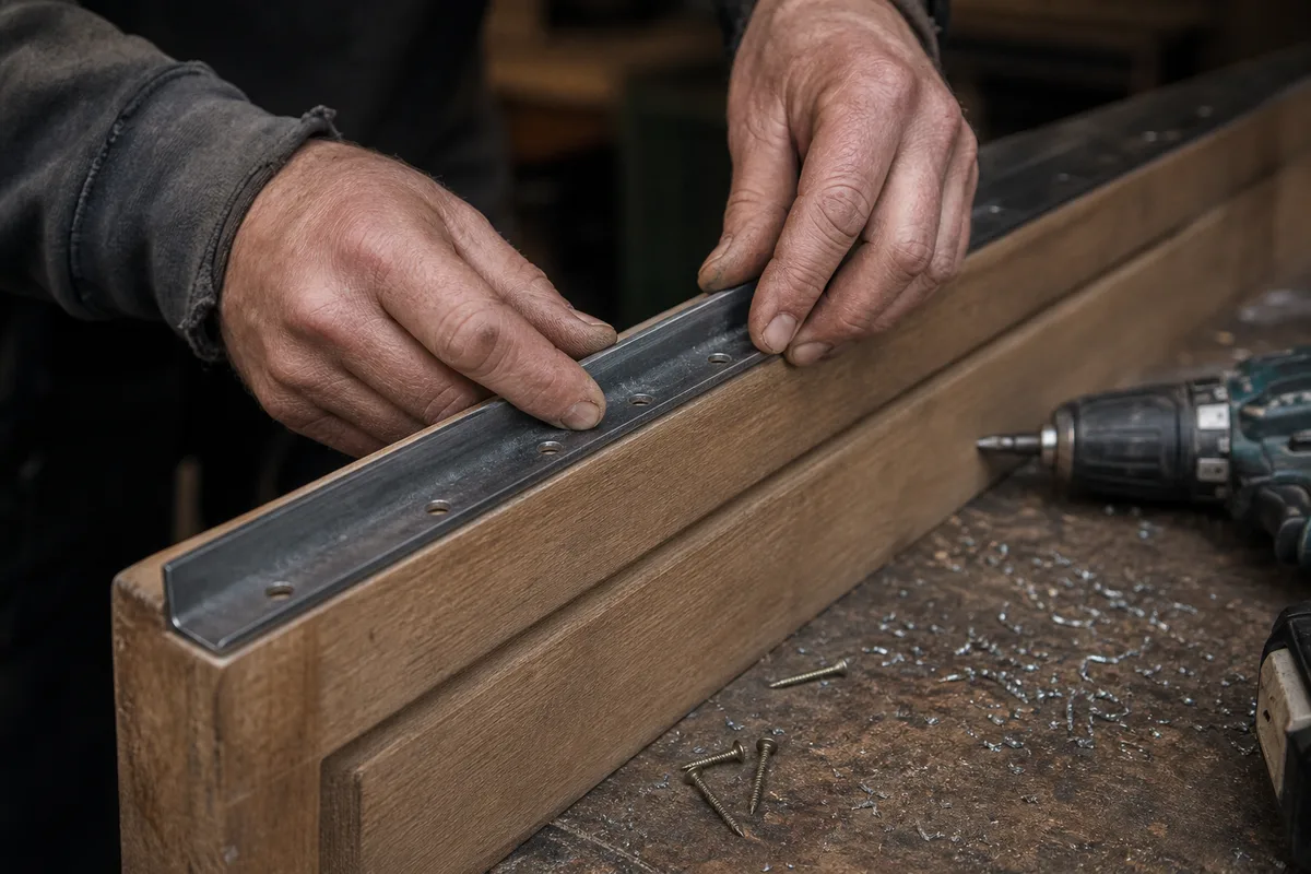 Gros plan sur des mains posant une cornière de renfort métallique sur le chant d&rsquo;une porte d&rsquo;entrée, atelier de serrurerie