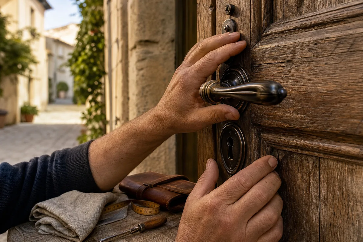 Mains actionnant un cylindre de serrure sur une porte en bois ancienne dans une ruelle pavée