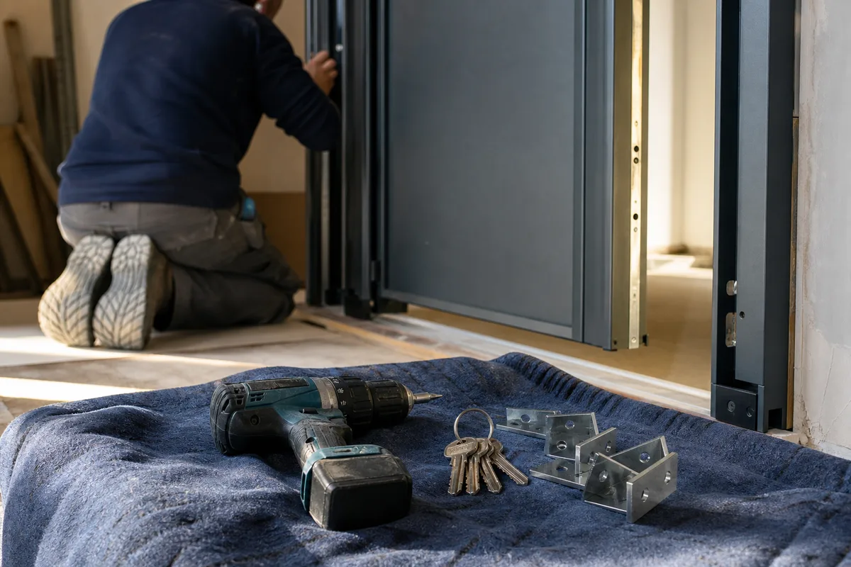Outils de serrurier posés près d’une porte blindée en cours d’installation