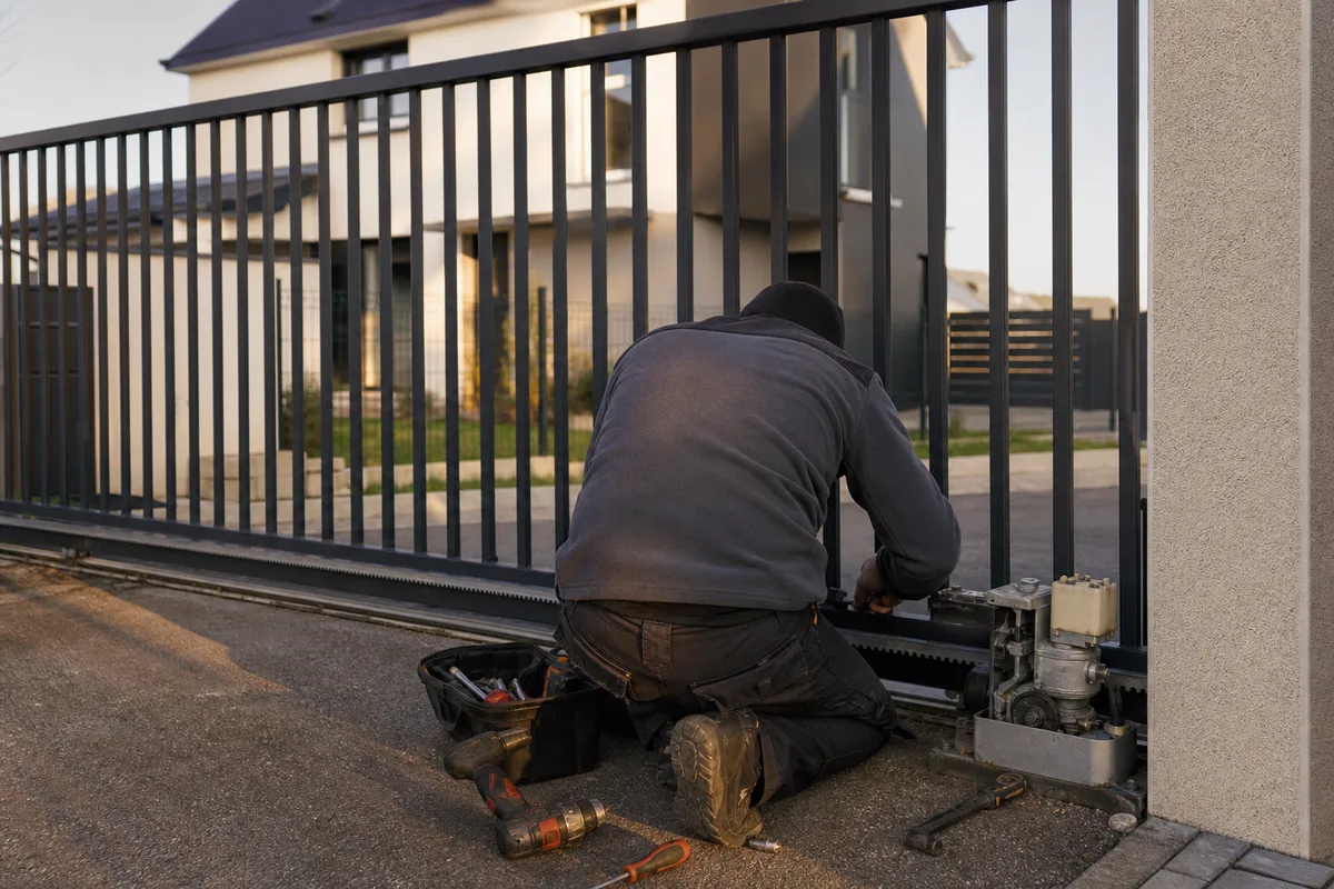 Silhouette de dos d’un technicien ajustant le mécanisme d’un portail coulissant devant une résidence, fin de journée