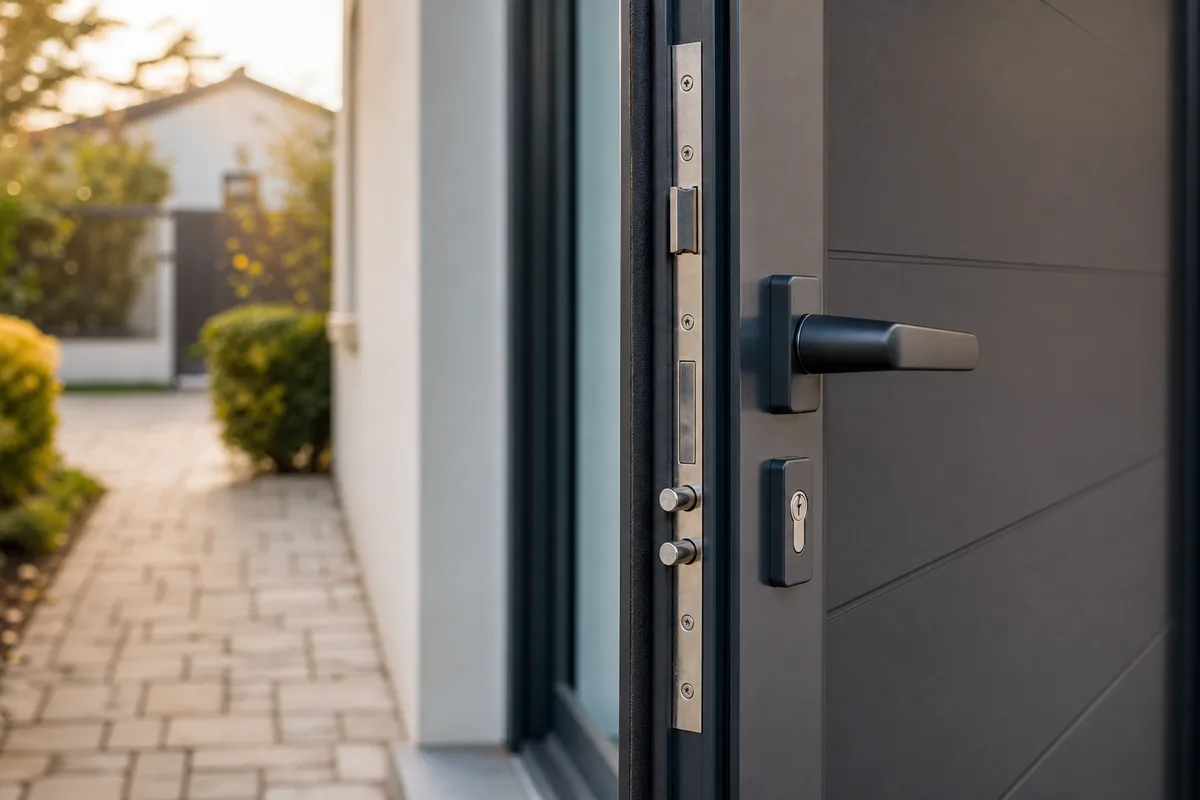 Porte d’entrée aluminium avec serrure multipoint dans une allée pavillonnaire, lumière de fin de journée