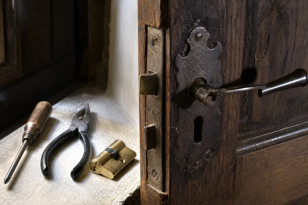 Porte ancienne en bois avec serrure encastrée et outils de serrurier posés à proximité, lumière naturelle contrastée