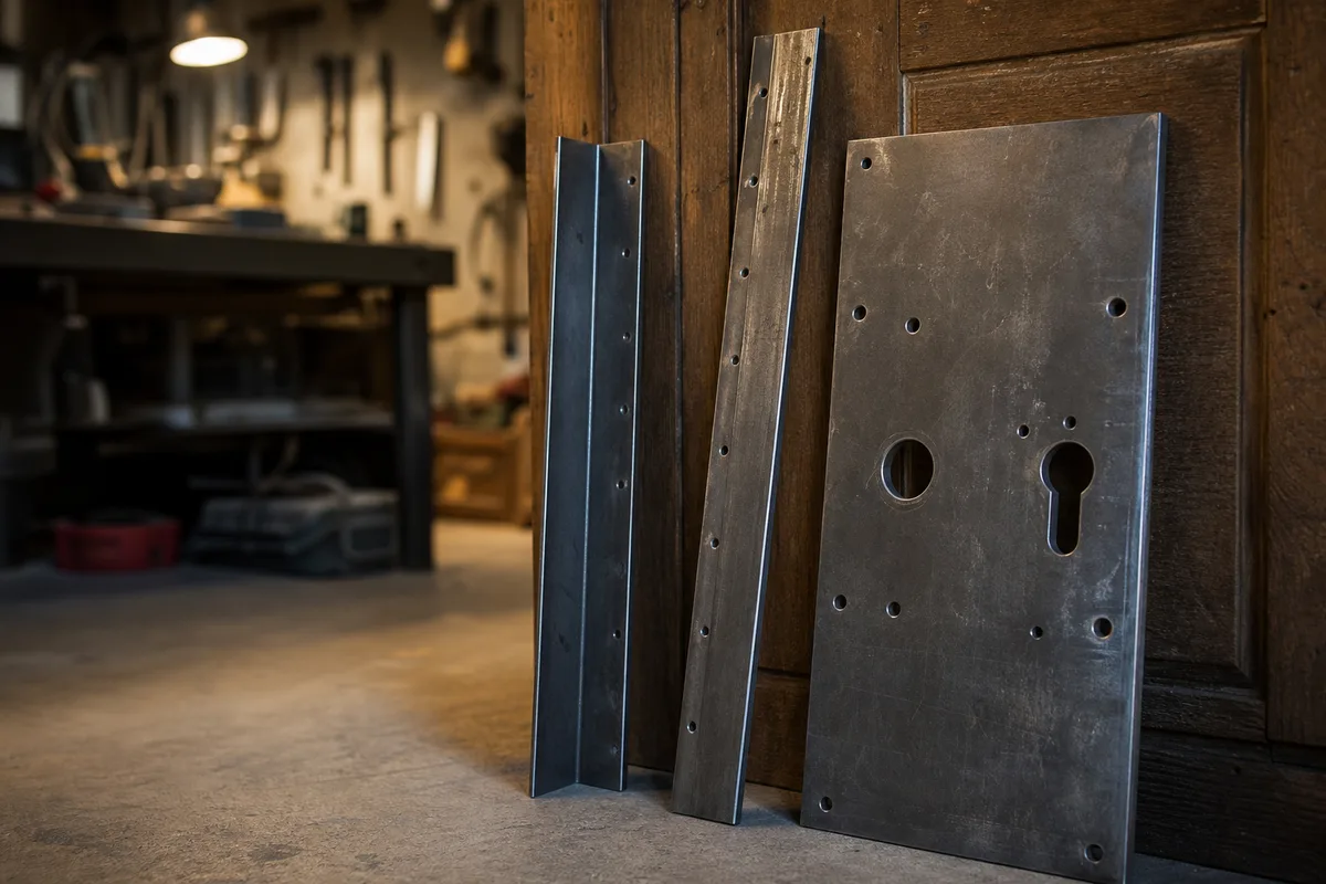 Cornières métalliques et plaque de blindage posées contre une porte en bois, atelier de serrurier en arrière-plan
