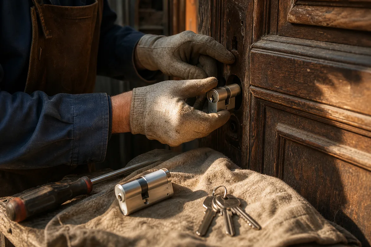 Mains gantées d’un artisan installant un cylindre de serrure neuf dans une porte ancienne en bois, lumière rasante de fin de journée