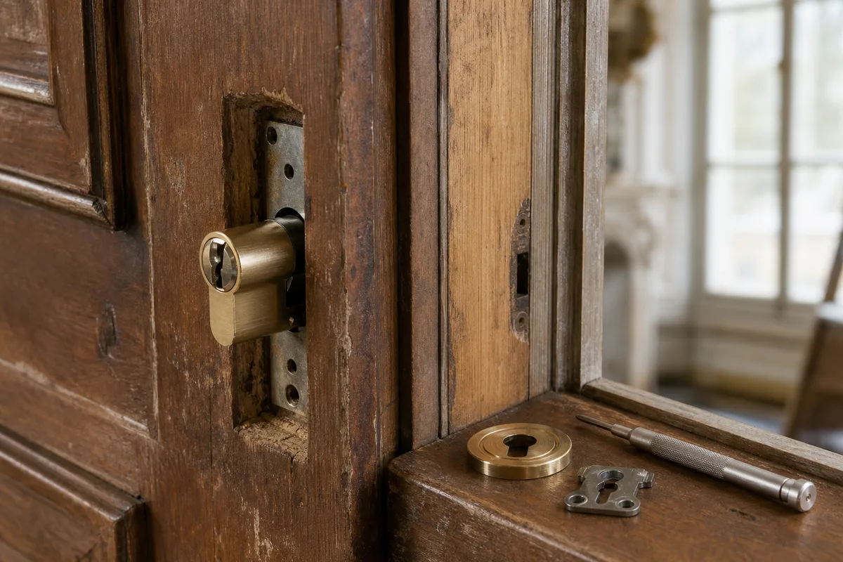Cylindre de serrure européen démonté sur une porte en bois, gros plan technique, lumière naturelle
